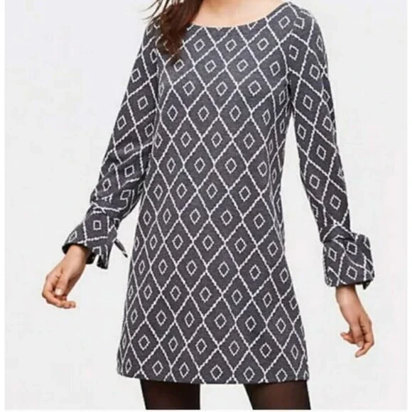 Loft Long Sleeve Mini Shift Dress Womens Size MP Black Diamond Tie Cuff Chic - Picture 1 of 6